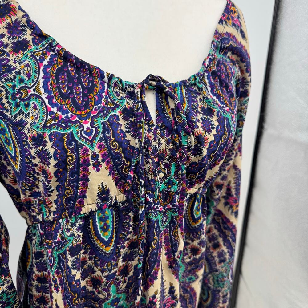 Earthbound Long Sleeve Midi Dress M Purple Paisley Y2K Tie Neck Babydoll Boho - Picture 3 of 9